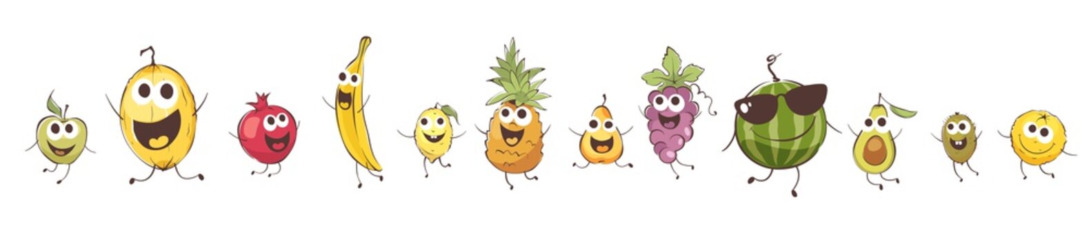 Funny cartoon fruits. Set vector illustrations with comic food.