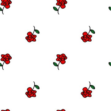 Pattern of red roses isolated on a white background. Old school. Design for textiles, packaging, postcards, website background