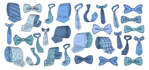 Stylish monochrome neckwear items hand drawn icon illustrations set blue color