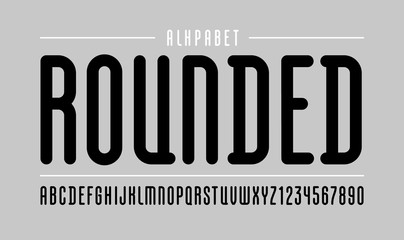 High font, rounded condensed alphabet sans serif, long black letters and numbers, for your designs: logo, t shirt, card, poster