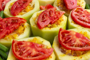 stuffed zucchini with tomatoes and green beans