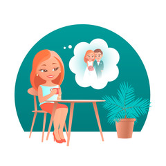 Cute cartoon girl sitting at a table in a cafe. He dreams of his future wedding with his beloved. Vector romantic illustration.