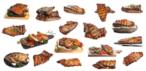 Set of delicious roasted ribs on white background