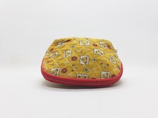 Artistic Elegant Modern Beautiful Cute Fabric Female Purse with Colorful Floral Retro Pattern Design in White Isolated Background