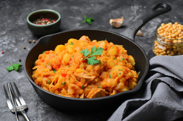 Cabbage and Pea Stew, Tasty Meal, Stew with Meat and Vegetables