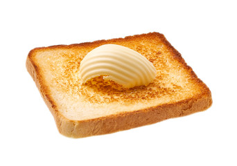 Toasted bread with fresh butter curl isolated on white background