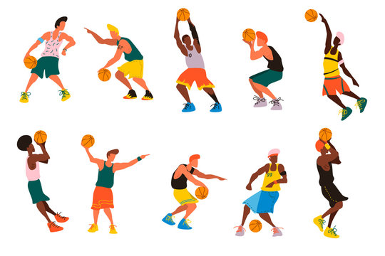 Set of basketball player, dunk, shoot, competition, match, hoop and more.