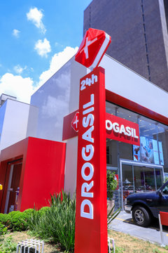 Sao Paulo, Brazil - Nov 03 2019: facade with lettering and logo of Drogasil drugstore on Paulista Avenue, Sao Paulo, Brazil