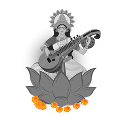 Black & White Illustration of wisdom goddess Maa Saraswati. 