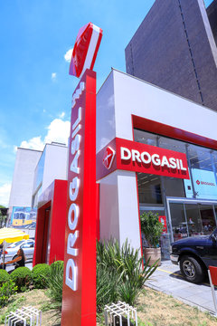 Sao Paulo, Brazil - Nov 03 2019: facade with lettering and logo of Drogasil drugstore on Paulista Avenue, Sao Paulo, Brazil