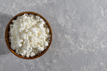 Cottage cheese in a wooden bowl on a light gray background. Place for your text.