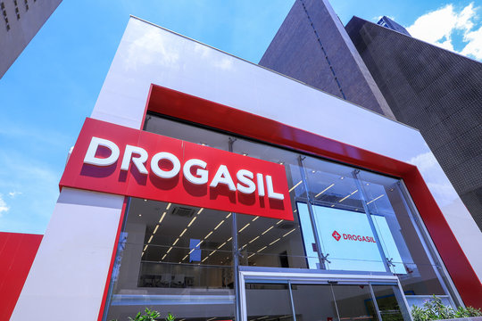 Sao Paulo, Brazil - Nov 03 2019: facade with lettering and logo of Drogasil drugstore on Paulista Avenue, Sao Paulo, Brazil