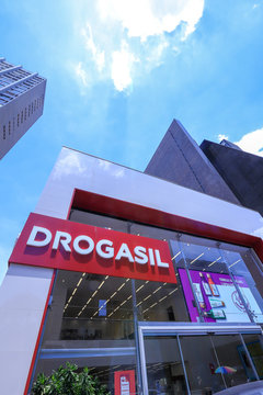 Sao Paulo, Brazil - Nov 03 2019: facade with lettering and logo of Drogasil drugstore on Paulista Avenue, Sao Paulo, Brazil