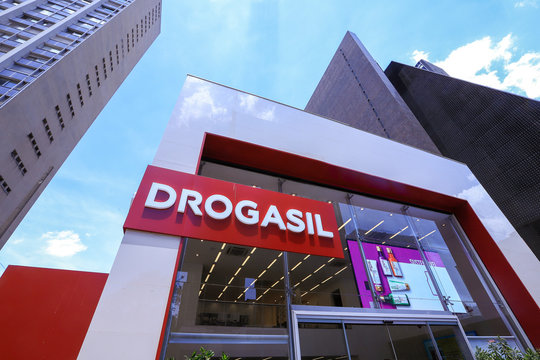 Sao Paulo, Brazil - Nov 03 2019: facade with lettering and logo of Drogasil drugstore on Paulista Avenue, Sao Paulo, Brazil