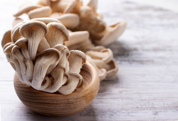 Bowl of delicious organic oyster mushrooms on a wooden background, top view. Copy space.