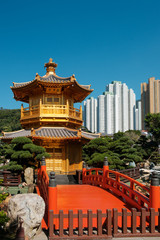 The golden Pavilion of Absolute Perfection in Nan Lian Garden, Chi Lin Nunnery, a large Buddhist temple in Hong Kong