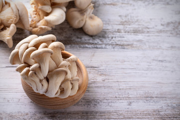 Bowl of delicious organic oyster mushrooms on a wooden background, top view. Copy space.