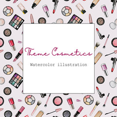 hand-drawn watercolor, cosmetics, lipstick, blush, eyeshadow, frames, wreaths, pattern. suitable for corporate identity, cards, stationery