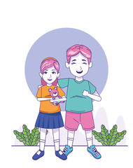 little girl and boy standing, colorful design