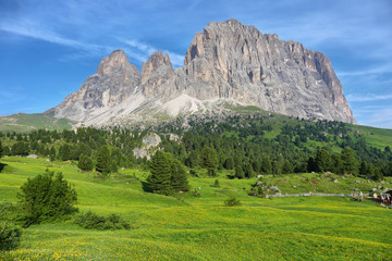 Fototapeta na wymiar Sassolungo and Sassopiatto mountains from Alpe di Siusi or Seiser Alm, Dolomites Alps , Italy