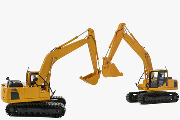 Two yellow excavator  model, machinery in heavy industry with isolated on  a white background with bucket lift up