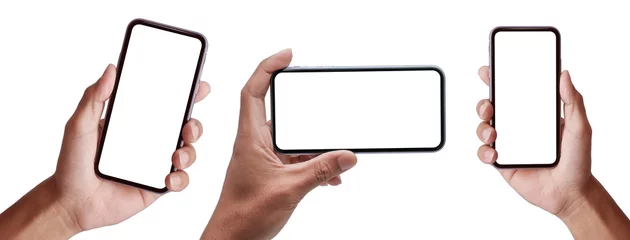 Fotobehang Hand holding the black smartphone iphone with blank screen and modern frameless design in two rotated perspective positions - isolated on white background  - Clipping Path  © Hand Robot