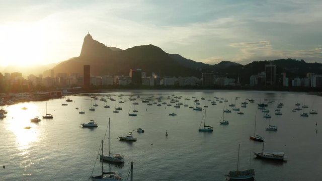 Aerial view of Sunset in Rio de Janeiro, Brazil. Botafogo Beach and yachts