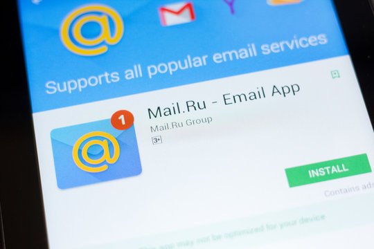 Ryazan, Russia - June 24, 2018: Mail.ru Email mobile app on the display of tablet PC.