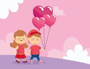 Happy couple walking with hearts balloons, colorful design