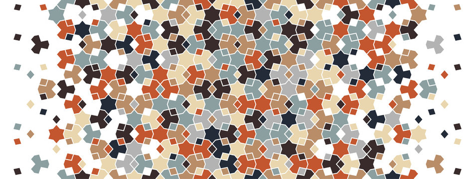 Arabic pattern, islamic vector border. Geometric halftone texture, arabic pattern with color tile disintegration.