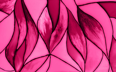 Photo of a small fragment of a beautiful stained glass in vivid pink color. Backdrop for your design. Trendy background. Copy space.
