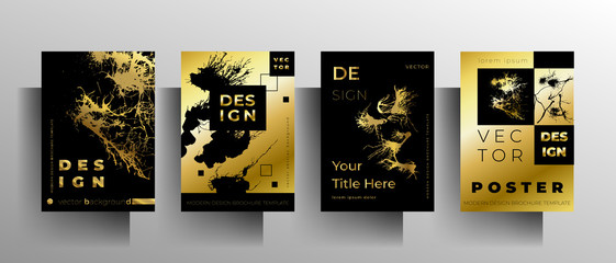 Set of cover templates for book, magazine, brochure, catalog. Gold with black design with hand drawn ink blots. Vector 10 EPS.