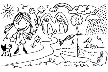 Doodle set of objects from a child's life, black and white outline