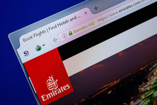 Ryazan, Russia - June 26, 2018: Homepage of Emirates website on the display of PC. URL - Emirates.com.