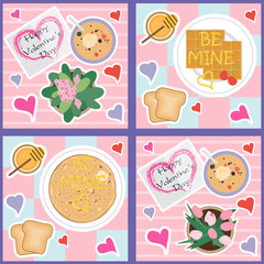 Top view of the delicious Valentine's day Breakfast table. Cute, sweet cards for the holiday of all lovers