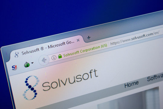 Ryazan, Russia - June 26, 2018: Homepage of Solvusoft website on the display of PC. URL - Solvusoft.com.