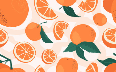 Seamless pattern with branches of oranges on a beige background. A modern bright repeated background with citrus in flat style. Vector stock illustration - 317532901