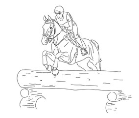 Equestrian eventing. A rider on a horse jumps over a lying tree.