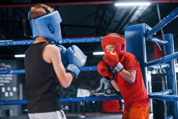 Two boys in protective equipment have sparring and fighting on the boxing ring