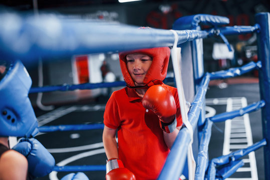 Two boys in protective equipment have sparring and fighting on the boxing ring