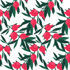 Pomegranate branch seamless pattern on white background.