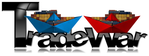 3D illustration of a black text, Trade War, with above two cargo container ships, one red and one blue, Photography. Isolated on white background