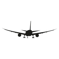 Fototapeta na wymiar Black silhouette of a fly plane. Tourist icon or symbol isolated on a white background. Vector illustration