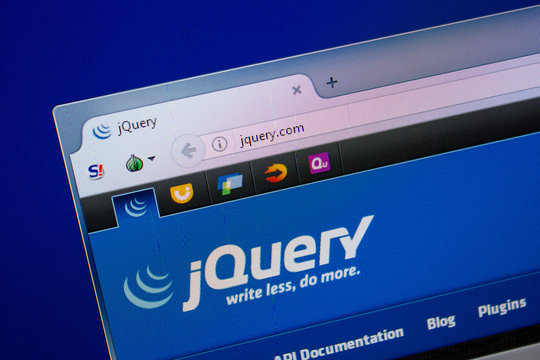 Ryazan, Russia - June 26, 2018: Homepage of jQuery website on the display of PC. URL - jQuery.com.