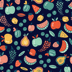 Cartoon Berries and Fruits Vector Seamless Pattern. Colorful Fruit Wallpaper. Healthy Summer Food Background