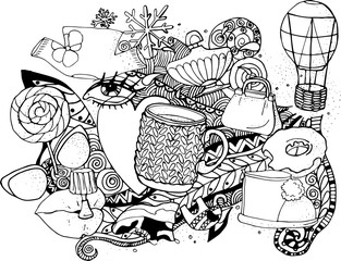Print.vector freehand drawing by a black liner of items belonging to a girl.