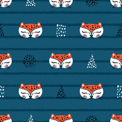 Little cute leopard cat Seamless Pattern for kids. Doodle kitten face. Cat head. Cartoon Animal Vector illustration in Scandinavian style