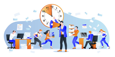 Deadline and overtime working concept. Vector illustration. Manager pressures office employees. time management problems