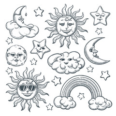 Sky vintage design elements, isolated on white background. Vector sketch illustration of moon, sun, star characters