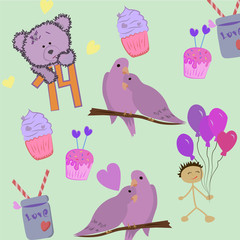 Valentine's Day. The 14th of February. Sketch. Pigeons, bear, cake, balls